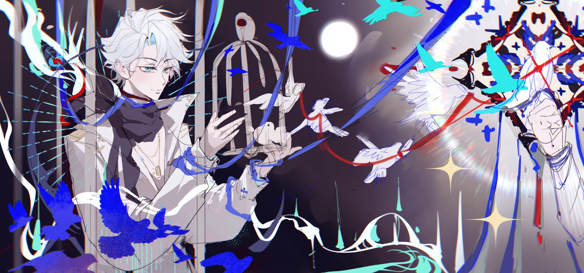 nice (to be hero x), to be hero, to be hero x, highres, 1boy, 1other, bird, bird on hand, birdcage, black scarf, blood, blood on neck, blue eyes, blue ribbon, bound, bound wrists, cage, clenched hand, coat, colored inner hair, dove, feizhe555546, halo, holding, holding cage, in cage, lens flare, moon, multicolored hair, noose, open clothes, open coat, out of frame, pigeon, popped collar, puppet strings, ribbon, scarf, short hair, silhouette, smile, white coat, white hair