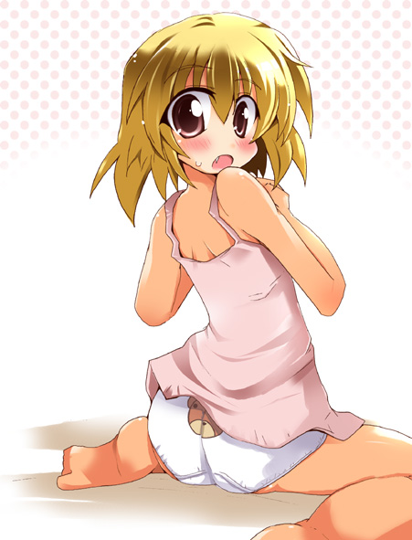 shirogane (platinum), houjou satoko, higurashi no naku koro ni, 00s, 1girl, animal print, ass, barefoot, bear panties, bear print, blonde hair, blush, fang, female focus, from behind, loli, looking back, panties, print panties, solo, underwear