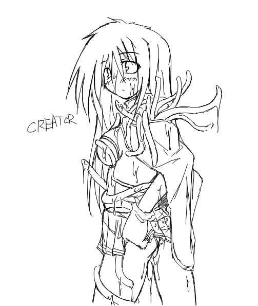 kaminagi (kaminagi-tei), creator (ragnarok online), ragnarok online, 1girl, blush, breasts, cape, female focus, gloves, greyscale, large breasts, monochrome, skirt, solo, tentacles, wet