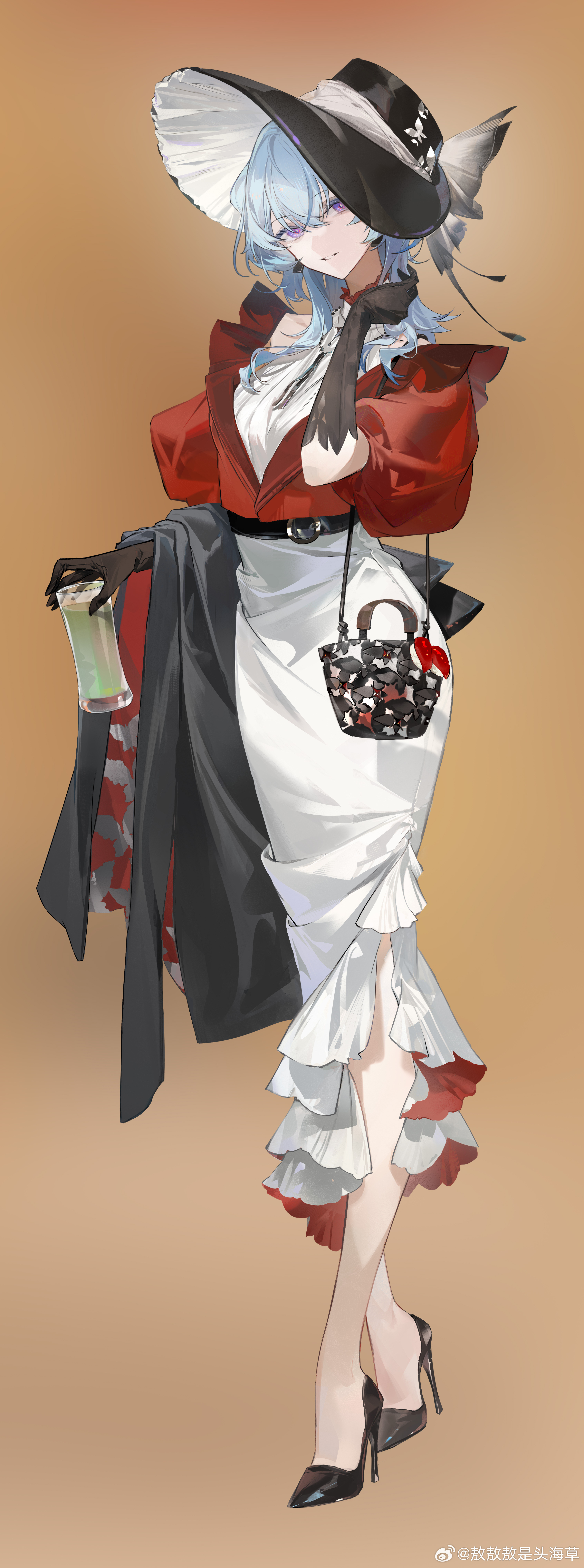 aoseagrass, shorekeeper (wuthering waves), wuthering waves, absurdres, highres, 1girl, bag, black gloves, black hat, black shoes, blue hair, breasts, colored eyelashes, cup, dress, full body, gloves, hair between eyes, hand up, hat, high heels, holding, holding cup, jacket, long dress, long hair, looking at viewer, medium breasts, official alternate costume, parted lips, purple eyes, red jacket, shoes, smile, solo, white dress