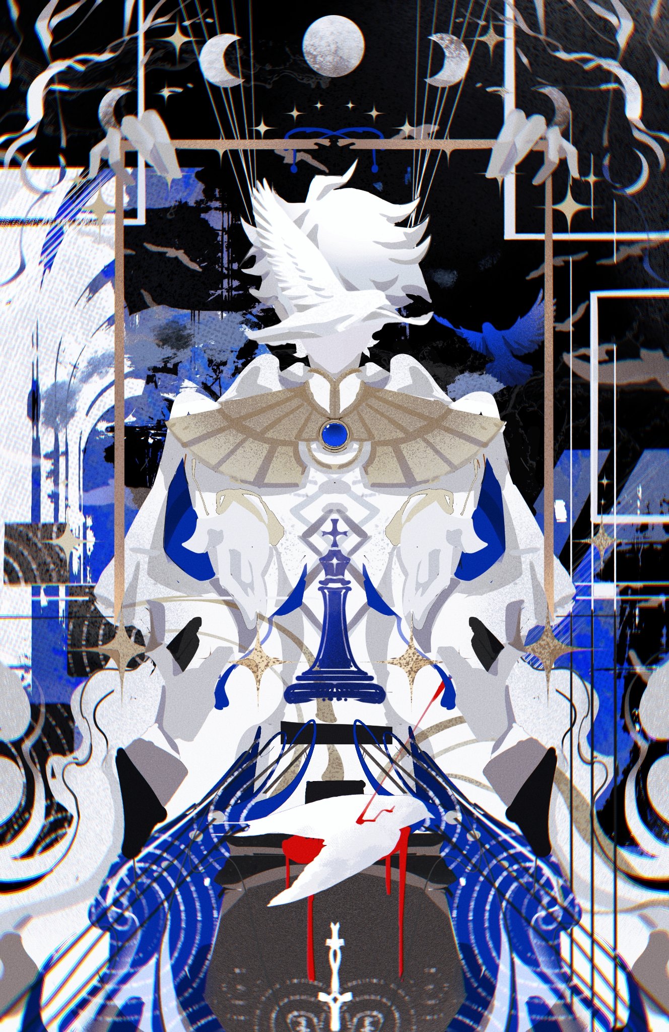 nice (to be hero x), to be hero, to be hero x, highres, 1boy, 1other, abstract, bird, bleeding, blood, brooch, capelet, censored, censored identity, chess piece, coat, dead animal, disembodied hand, dove, feizhe555546, gloves, impaled, jewelry, male focus, moon phases, out of frame, people, portrait, reaching, reaching towards another, sparkle, white coat, white gloves