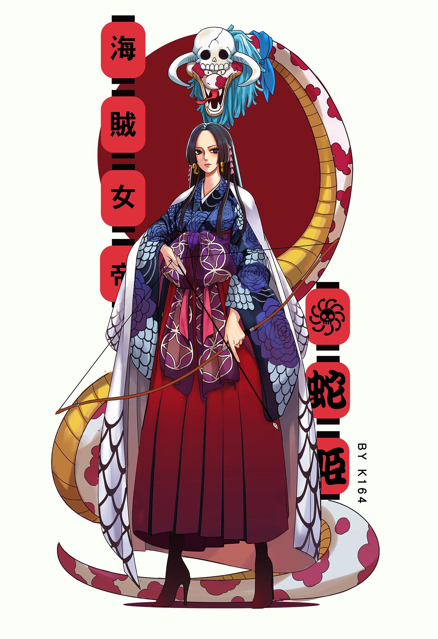k164, boa hancock, salome (one piece), one piece, commentary, english commentary, highres, 1girl, artist name, black hair, blue kimono, bow (weapon), circle, closed mouth, earrings, hakama, high heels, holding, holding bow (weapon), holding weapon, japanese clothes, jewelry, kimono, lantern, long hair, purple sash, red hakama, sash, sidelocks, skull, snake, snake earrings, weapon, wide sleeves