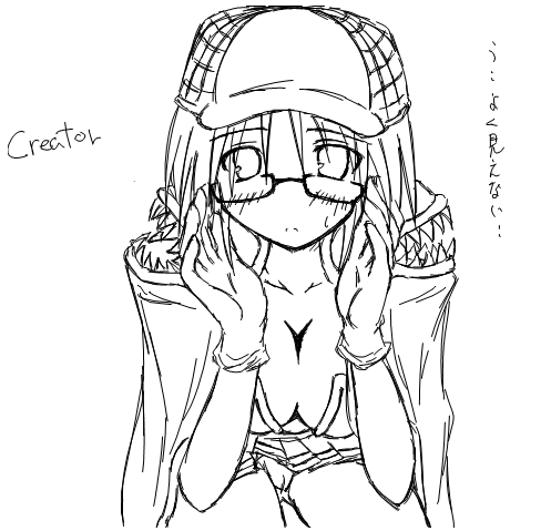 kaminagi (kaminagi-tei), creator (ragnarok online), ragnarok online, lowres, 1girl, blush, breasts, cape, cleavage, female focus, glasses, gloves, greyscale, hat, large breasts, monochrome, panties, skirt, solo, underwear