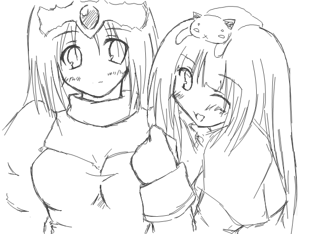 kaminagi (kaminagi-tei), acolyte (ragnarok online), priest (ragnarok online), ragnarok online, 2girls, ;d, blunt bangs, breasts, cleavage, collar, collarbone, detached sleeves, gem, greyscale, headpiece, long sleeves, looking at viewer, monochrome, multiple girls, one eye closed, open mouth, priest, priestess, smile, upper body
