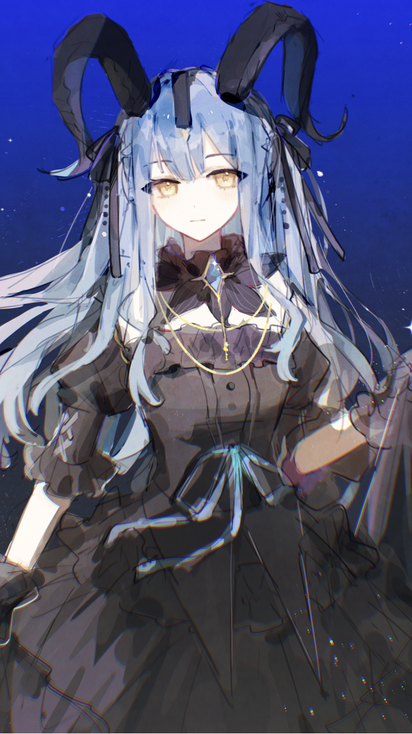 togawa sakiko, togawa sakiko (master of melodia), arknights, bang dream!, bang dream! it's mygo!!!!!, absurdres, chinese commentary, commentary request, highres, 1girl, black dress, black gloves, black horns, black ribbon, blue background, blue hair, blue ribbon, closed mouth, cowboy shot, curled horns, detached collar, dress, gloves, hair ribbon, horns, jewelry, long hair, looking at viewer, necklace, ribbon, sidelocks, solo, standing, two side up, yellow eyes, you bude deng