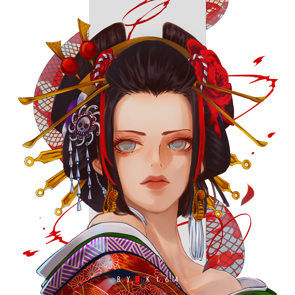 k164, boa hancock, one piece, commentary, 1girl, artist name, black hair, blue eyes, closed mouth, datehyogo, earrings, eyelashes, eyeshadow, jewelry, kuja pirates jolly roger, looking to the side, makeup, off shoulder, oiran, simple background, snake, snake earrings