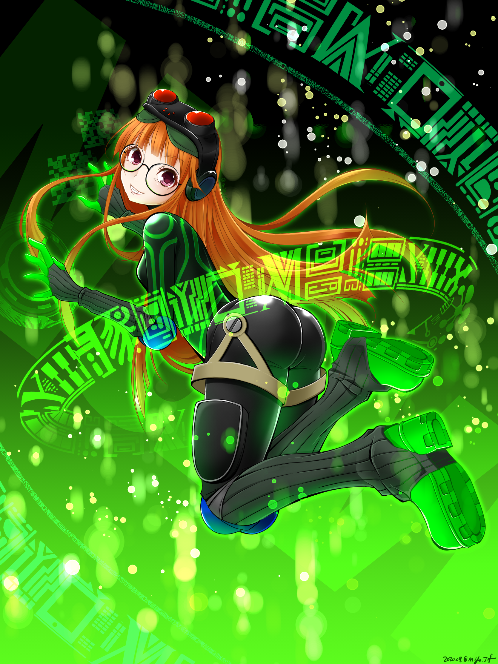 ichigou miya, sakura futaba, persona, persona 5, highres, 1girl, ass, black-framed eyewear, black bodysuit, bodysuit, breasts, floating hair, full body, glasses, goggles, goggles on head, green background, grin, holographic interface, long hair, looking at viewer, looking back, orange hair, purple eyes, skin tight, small breasts, smile, solo, typing, very long hair