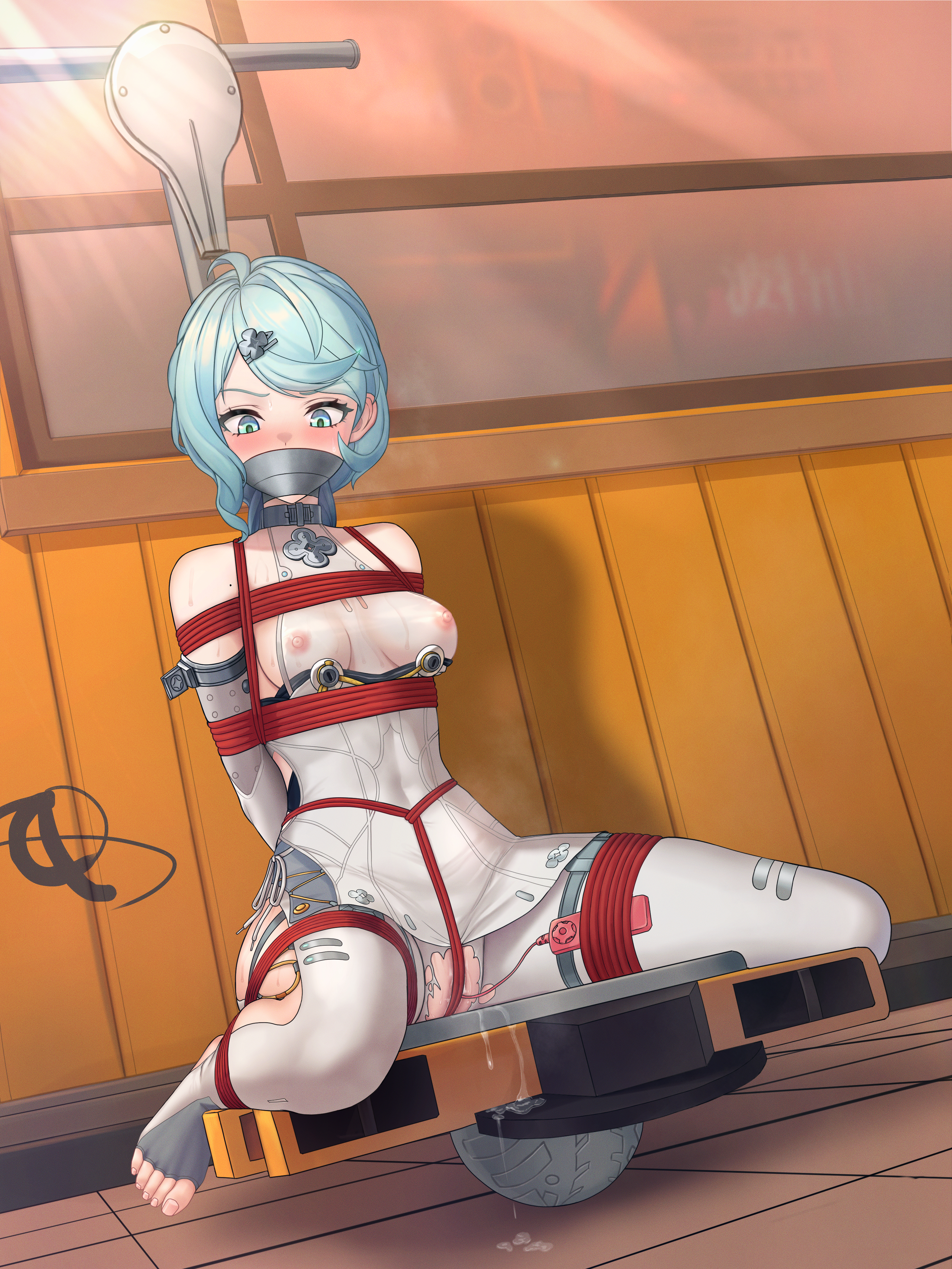 fintowing, seed (zenless zone zero), zenless zone zero, boxtie, absurdres, highres, 1girl, arms behind back, bare shoulders, bdsm, blue eyes, blue hair, bondage, bound, braid, breasts, covered erect nipples, crotch rope, egg vibrator, frogtie, gag, gagged, improvised gag, long hair, looking down, nipples, pantyhose, pussy juice, separated legs, sex toy, shibari, shibari over clothes, sitting, skindentation, small breasts, solo, stirrup legwear, tape, tape gag, toeless legwear, torn clothes, torn pantyhose, very long hair, vibrator, white pantyhose