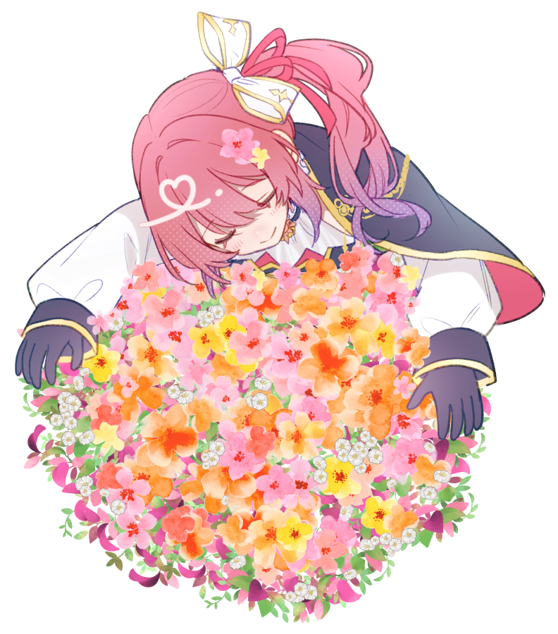 kashikaze, kuramochi meruto, nijisanji, commentary, hashtag-only commentary, 1girl, black capelet, black gloves, blush, bow, capelet, closed eyes, closed mouth, colored tips, flower, gloves, hair bow, multicolored hair, pink hair, ponytail, solo, transparent background, virtual youtuber, white bow
