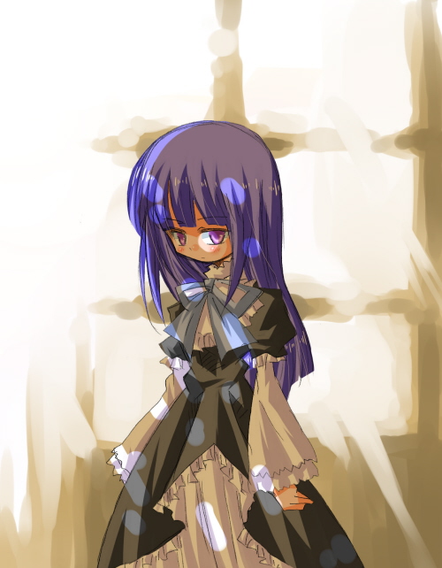 taka (aghalta), frederica bernkastel, umineko no naku koro ni, md5 mismatch, 00s, 1girl, blue hair, female focus, goth fashion, long hair, purple eyes, ribbon, solo, window