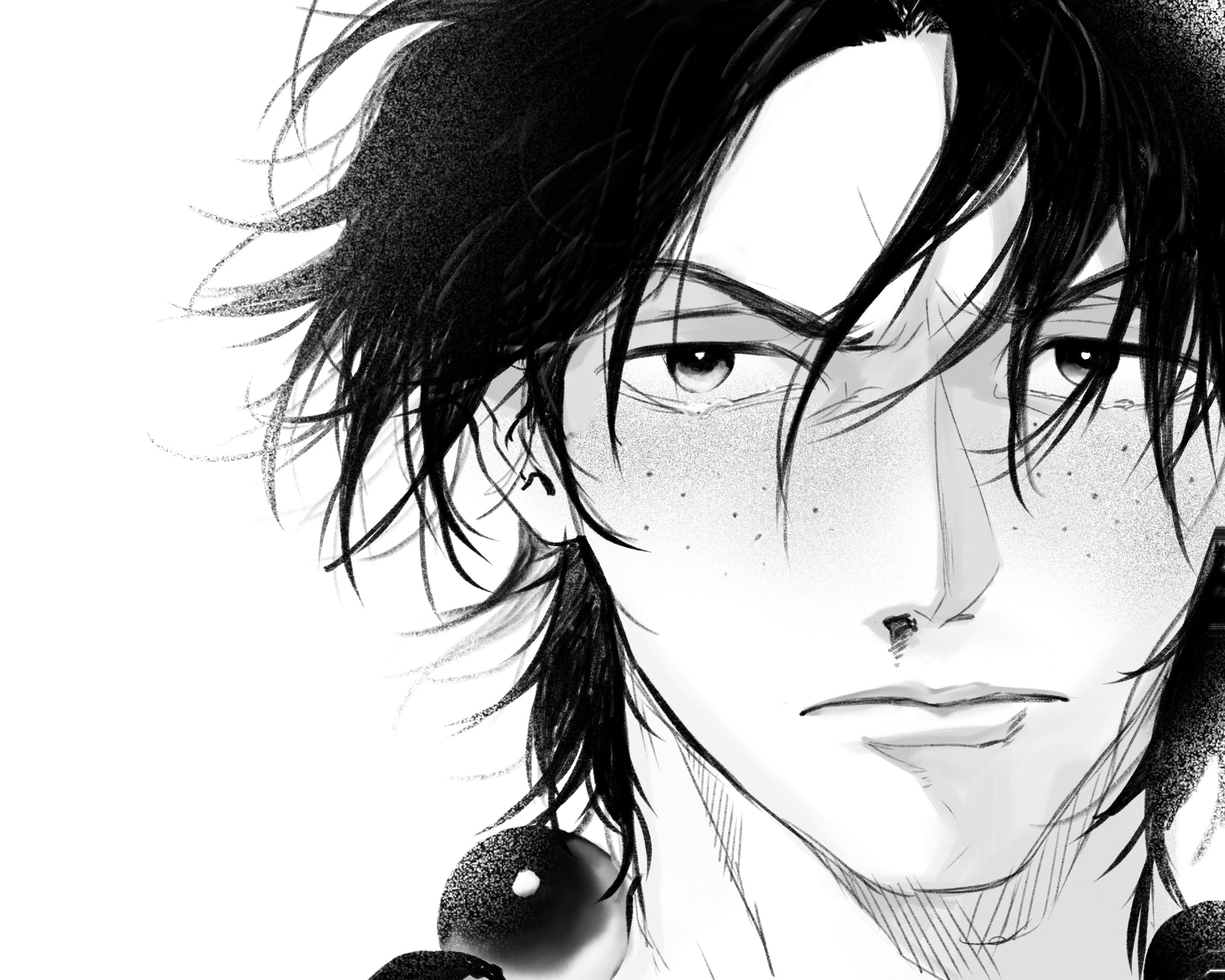 portgas d. ace, one piece, highres, 1boy, blood, close-up, floating hair, freckles, greyscale, jewelry, looking to the side, male focus, monochrome, necklace, nosebleed, pearl necklace, short hair, simple background, solo, tears, yoi dayoi