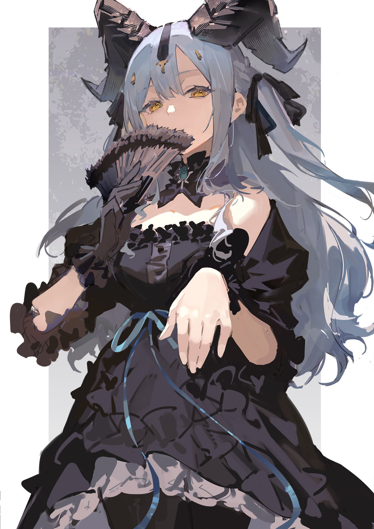 hare (yamihuji), togawa sakiko, togawa sakiko (master of melodia), arknights, bang dream!, bang dream! it's mygo!!!!!, commentary request, highres, 1girl, black dress, black gloves, black horns, black ribbon, blue hair, blue ribbon, covering own mouth, cowboy shot, curled horns, detached collar, dress, frilled dress, frills, gloves, hair ribbon, hand fan, holding, holding fan, horns, long hair, looking at viewer, ribbon, sidelocks, single glove, solo, standing, two side up, wrist cuffs, yellow eyes