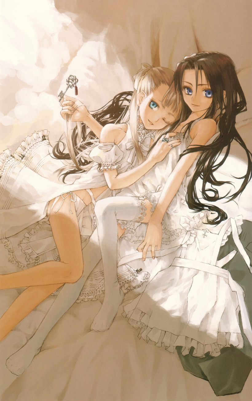 konoe ototsugu, white legwear, highres, 2girls, bare legs, bed, black hair, blonde hair, blue eyes, brown hair, chemise, feet, flat chest, frills, green eyes, key, lingerie, long hair, long legs, looking at viewer, lying, multiple girls, one eye closed, panties, side-tie panties, sleepwear, smile, thighhighs, underwear, yuri