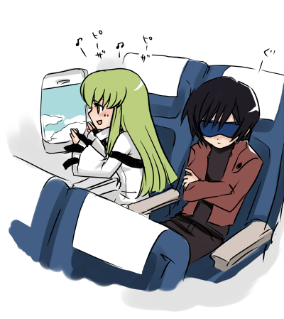 c.c., lelouch vi britannia, code geass, lowres, 00s, 1boy, 1girl, aircraft, airplane, green hair