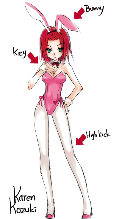 mizunomoto, kouzuki kallen, code geass, 00s, animal ears, aqua eyes, bow, bowtie, detached collar, fake animal ears, hand on own hip, leotard, pantyhose, playboy bunny, rabbit ears, red hair, short hair, solo, white pantyhose, wrist cuffs