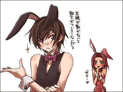 mecco, kouzuki kallen, lelouch vi britannia, code geass, lowres, 00s, 1boy, 1girl, animal ears, fake animal ears, pantyhose, playboy bunny, rabbit ears