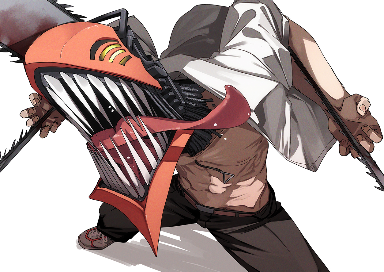 fu-ta, denji (chainsaw man), chainsaw man, 1boy, black pants, foreshortening, long tongue, male focus, open clothes, open shirt, pants, pull cord, sharp teeth, shirt, simple background, solo, teeth, tongue, tongue out, white shirt