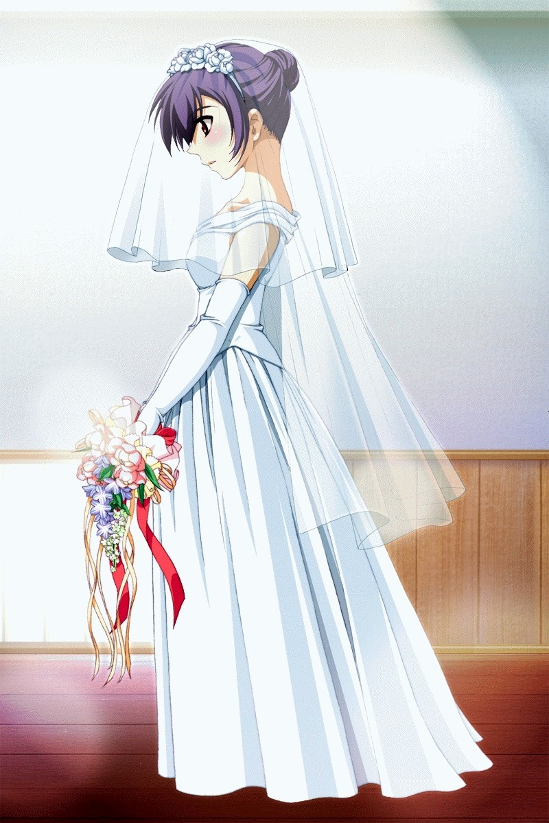 katakura shinji, kutsuki futaba, green green, highres, scan, 00s, 1girl, blush, bouquet, bridal veil, bride, crown, dress, elbow gloves, female focus, flower, gloves, hair bun, hair flower, hair ornament, hairband, hat, indoors, purple hair, red eyes, rose, single hair bun, solo, standing, veil, wedding dress