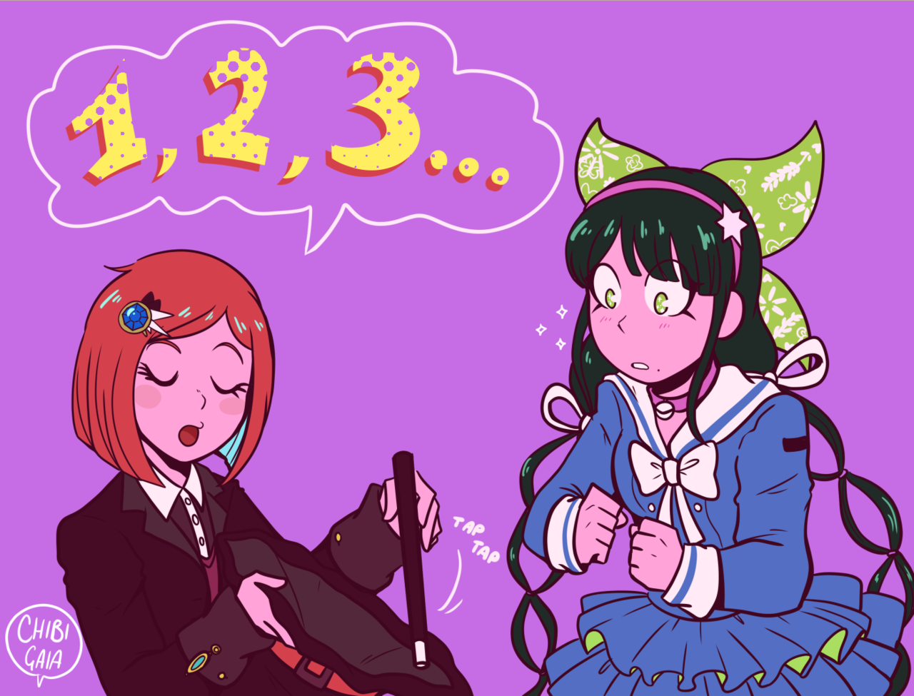 chibigaia, chabashira tenko, yumeno himiko, danganronpa (series), danganronpa v3: killing harmony, commentary, english commentary, 2girls, artist name, black hair, black hat, black jacket, blue serafuku, blue shirt, blue skirt, blush, blush stickers, bow, clenched hands, closed eyes, collared shirt, counting, eyelashes, green eyes, green ribbon, hair ornament, hair ribbon, hairband, hat, holding, holding unworn clothes, holding unworn hat, holding wand, jacket, long hair, long sleeves, mole, mole under mouth, multiple girls, open mouth, purple hairband, red hair, ribbon, sailor collar, school uniform, serafuku, shirt, short hair, skirt, sound effects, speech bubble, twintails, unworn hat, unworn headwear, wand, white bow, white sailor collar