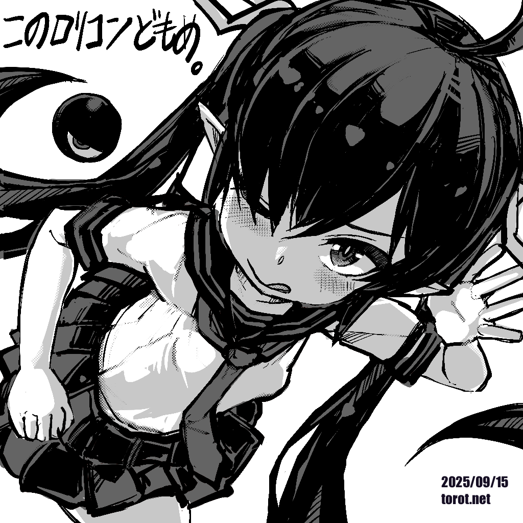torotei, backbeako (torotei), backbeard, gegege no kitarou, original, commentary, paid reward available, translated, 1girl, ;q, blush, breasts, closed mouth, cowboy shot, dated, dated commentary, dutch angle, greyscale, hair over one eye, hair ribbon, kono lolicon domome, leaning forward, long hair, looking at viewer, monochrome, necktie, one eye closed, pleated skirt, pointy ears, ribbon, sailor collar, shirt, short sleeves, simple background, skirt, small breasts, solo, tongue, tongue out, twintails, watermark, waving, web address, white background