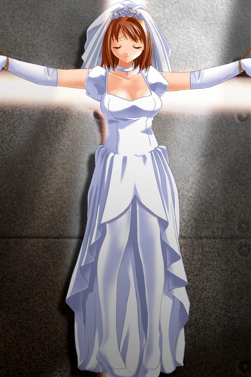 hotaka tamagorou, kichijouji escalation yard, game cg, highres, 1girl, bdsm, bondage, bound, bride, brown hair, closed eyes, dress, female focus, gloves, high heels, shoes, solo, thighhighs, wedding dress