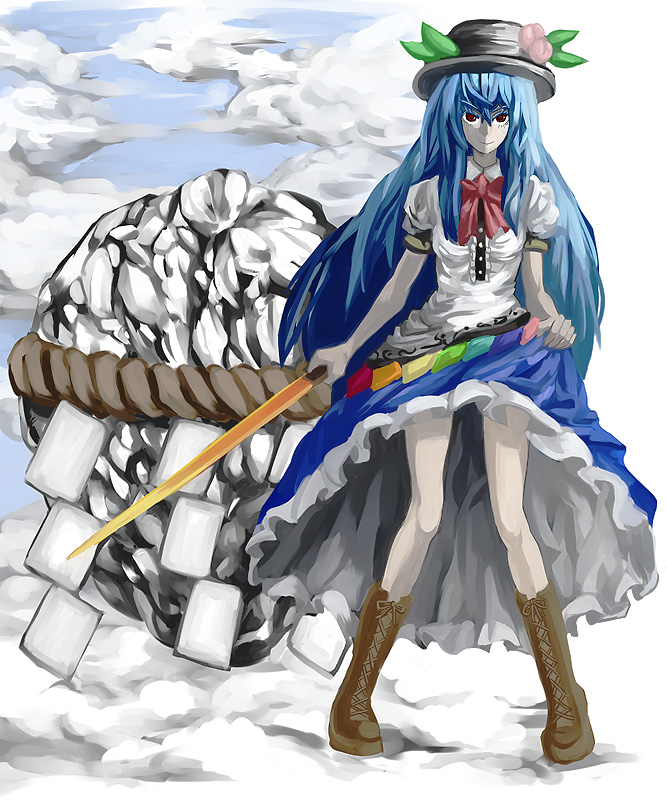 chein, cheken, hinanawi tenshi, touhou, 1girl, clothes lift, female focus, food, fruit, hat, kaname-ishi, leaf, peach, rock, rope, shide, shimenawa, skirt, skirt lift, solo, sword, sword of hisou, weapon