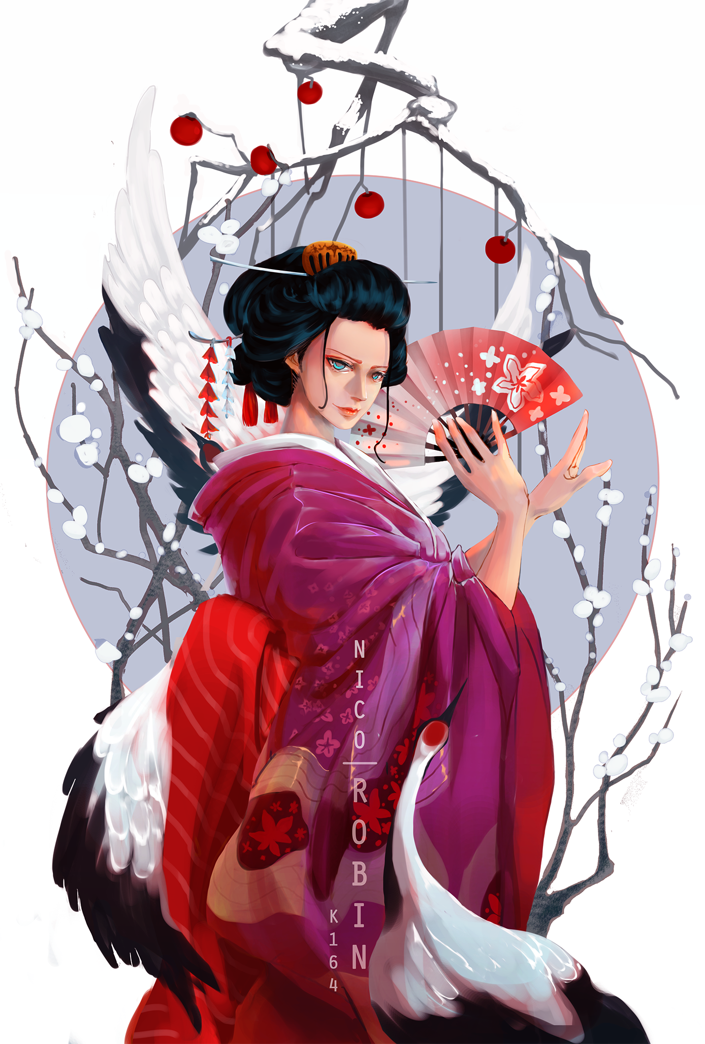k164, nico robin, one piece, commentary, highres, 1girl, artist name, bird, black hair, blue eyes, character name, circle, closed mouth, hand fan, holding, holding fan, japanese clothes, kimono, nihongami, obi, red sash, sash, smile, wide sleeves, wings