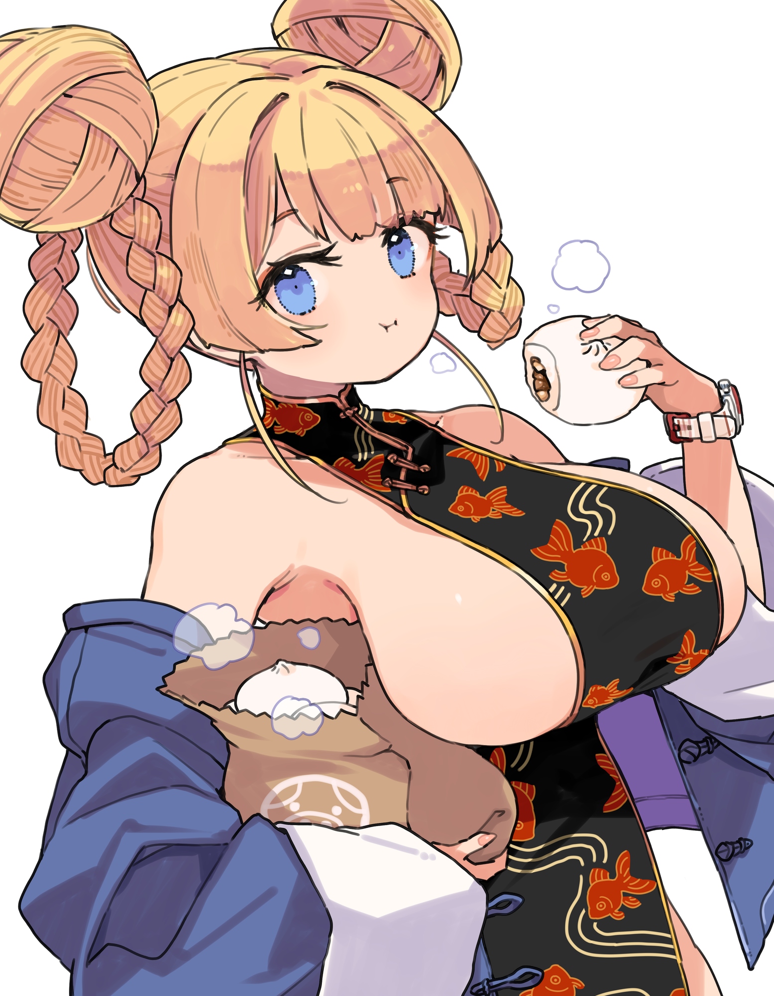 mota, original, highres, 1girl, bag, black dress, blue eyes, blue jacket, braid, breasts, china dress, chinese clothes, double bun, dress, eating, food, hair bun, hair rings, hand up, holding, holding bag, holding food, jacket, jacket partially removed, large breasts, looking at viewer, open clothes, open jacket, paper bag, short hair, sideboob, solo, steam, steamed bun, upper body, watch, white background, wristwatch