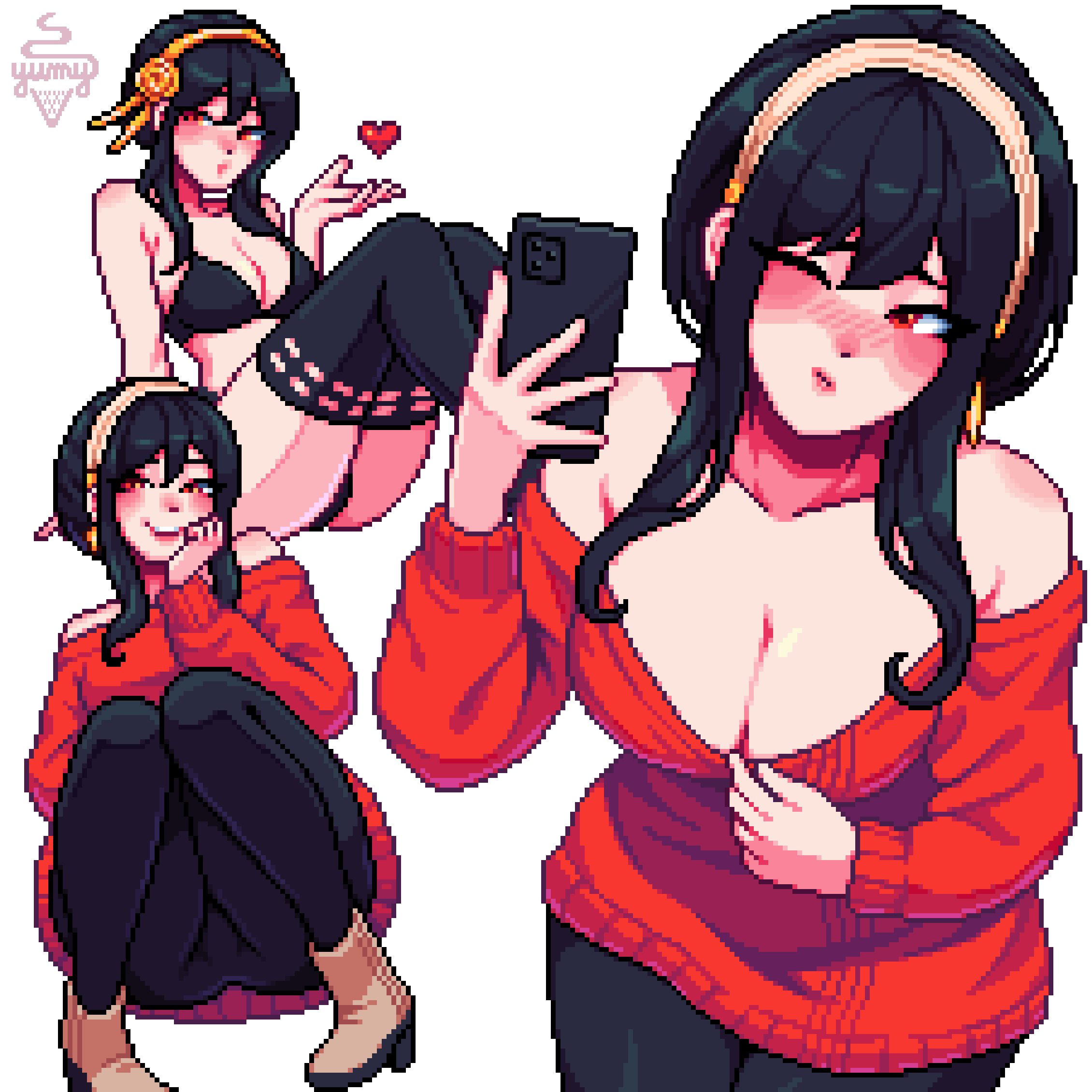 yumykon, yor briar, spy x family, commentary, english commentary, highres, paid reward available, 1girl, artist name, aseprite (medium), black hair, black thighhighs, blowing kiss, breasts, cellphone, cleavage, collarbone, gold hairband, hairband, heart, holding, holding phone, large breasts, multiple views, one eye closed, phone, pixel art, red eyes, red sweater, simple background, smartphone, sweater, thighhighs, white background