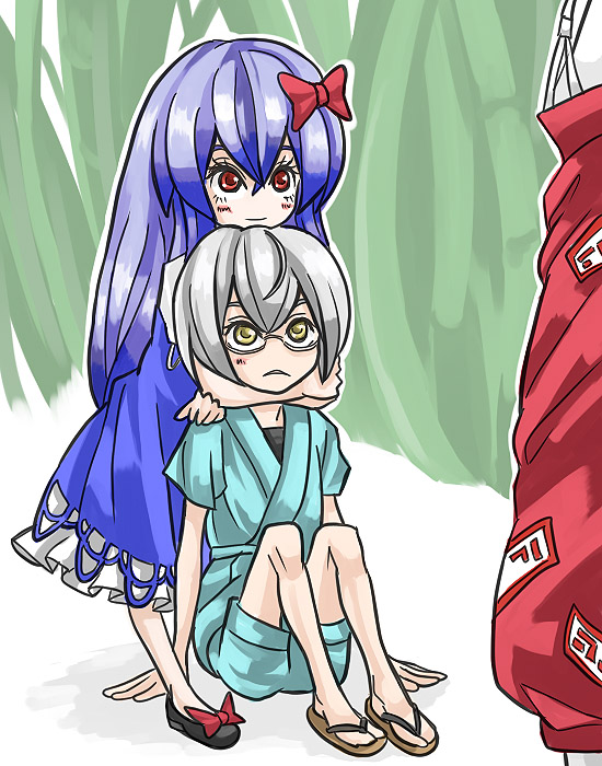 chein, cheken, fujiwara no mokou, kamishirasawa keine, morichika rinnosuke, touhou, silver hair, 1boy, 2girls, aged down, blue hair, bow, child, couple, glasses, hair bow, hetero, hug, hug from behind, japanese clothes, multiple girls, sandals, shorts, suspenders, zouri