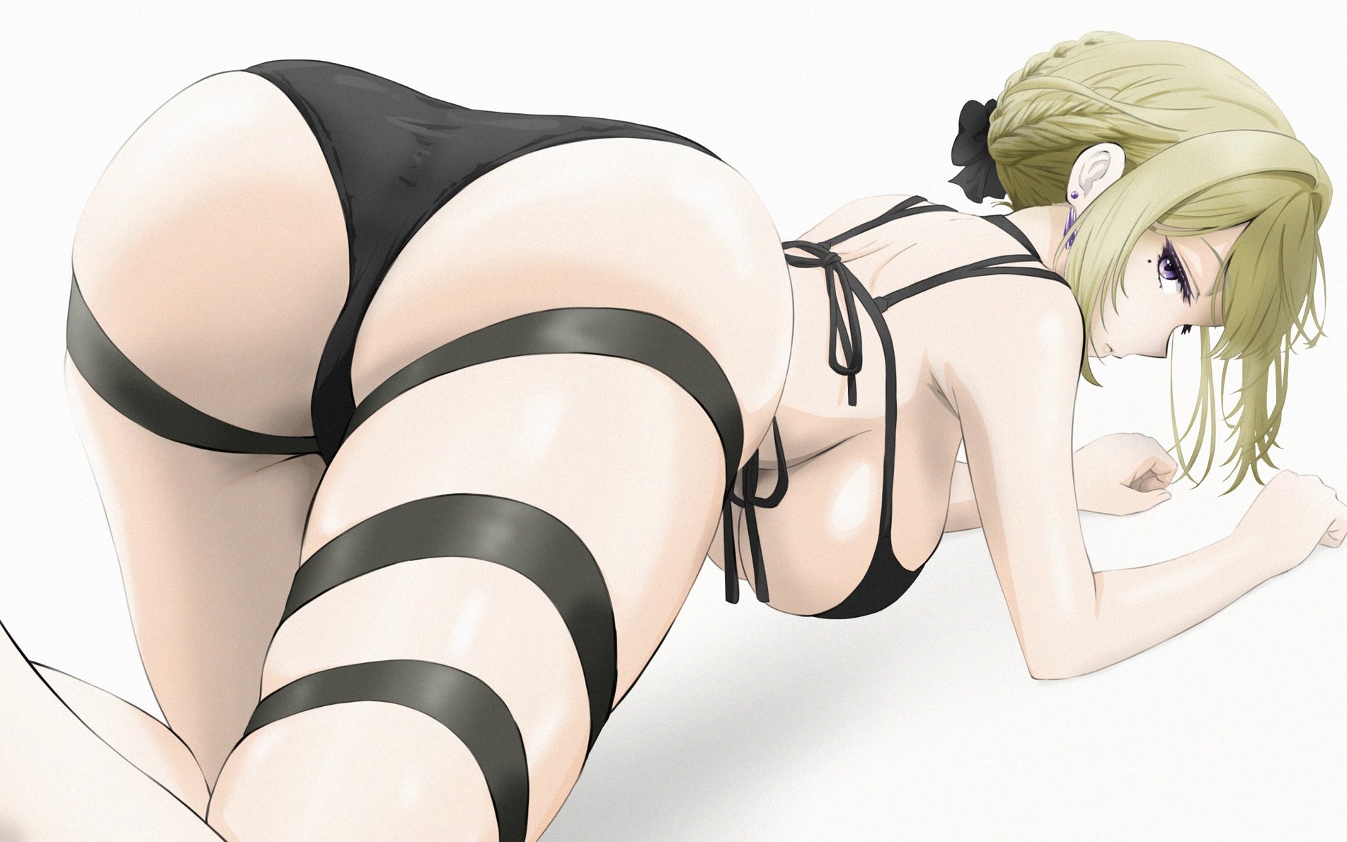 evelyn chevalier, zenless zone zero, highres, 1girl, all fours, ass, bikini, black bikini, black ribbon, blonde hair, breasts, closed mouth, earrings, from behind, jewelry, looking at viewer, mole, mole under eye, purple eyes, ribbon, solo, swimsuit, syougun1106, thigh strap, white background