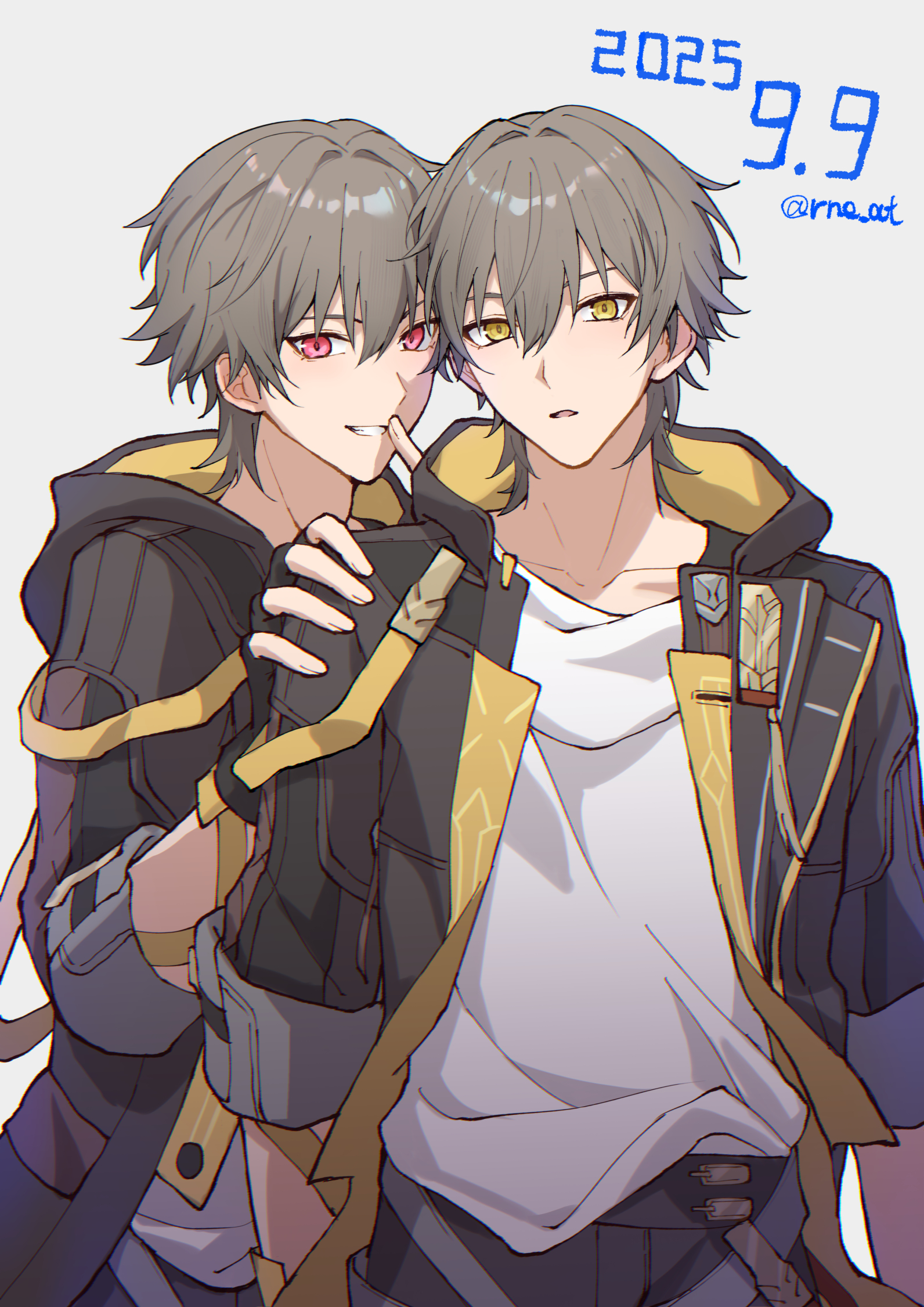rune (rne at), caelus (honkai: star rail), trailblazer (honkai: star rail), honkai: star rail, honkai (series), commentary request, highres, 2boys, arm ribbon, artist name, black coat, black gloves, black pants, coat, collarbone, dated, dual persona, fingerless gloves, fingernails, gloves, grey hair, hair between eyes, hand on another's shoulder, hood, hooded coat, index finger raised, lapels, long sleeves, looking at viewer, male focus, multiple boys, open clothes, open coat, open mouth, pants, pink eyes, ribbon, shirt, short hair, simple background, smile, standing, t-shirt, teeth, two-sided coat, two-sided fabric, white background, white shirt, yellow coat, yellow eyes