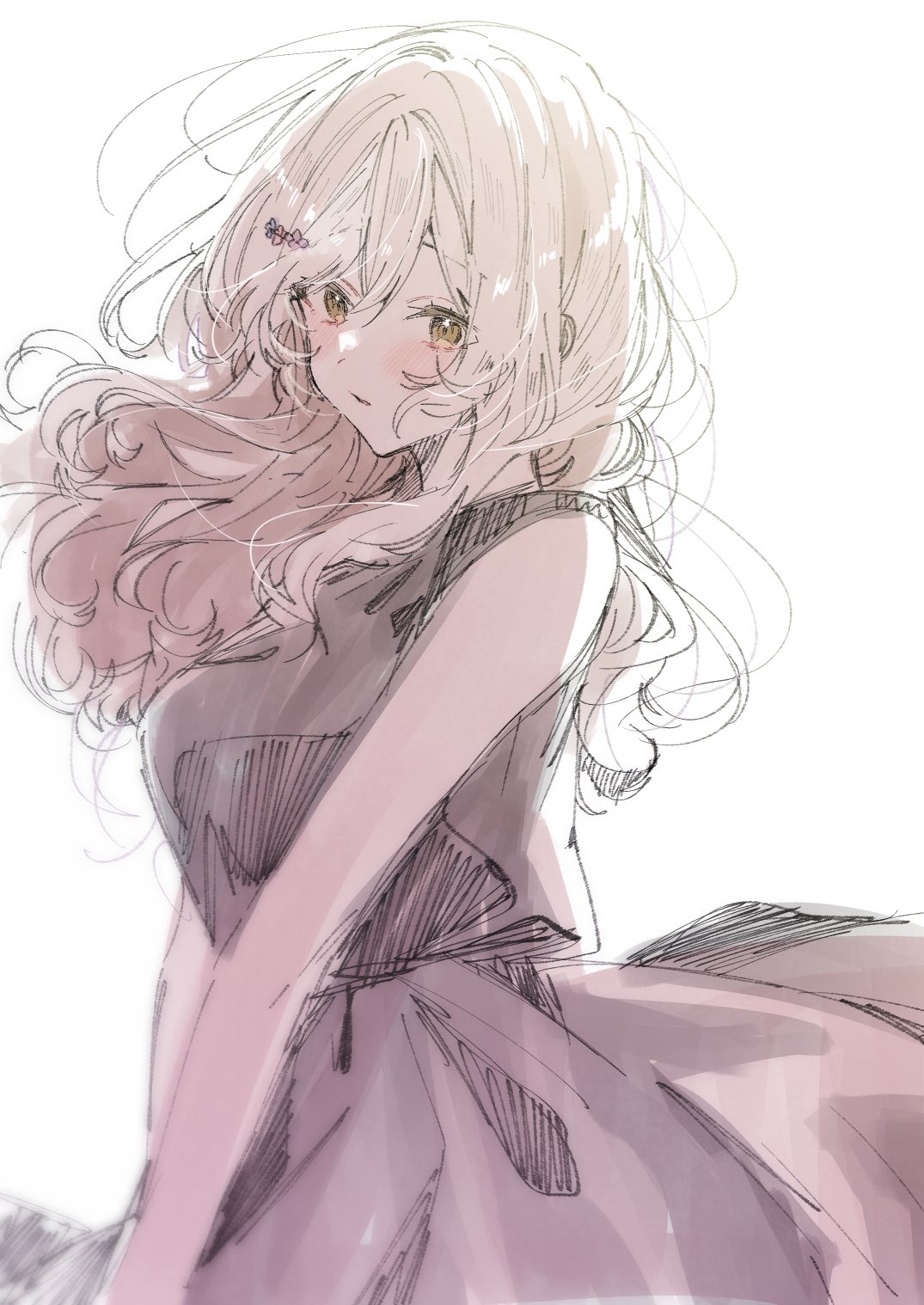 takeshima eku, sena ajisai, watashi ga koibito ni nareru wake naijan murimuri!, highres, 1girl, black dress, blush, dress, green eyes, grey hair, hair ornament, hairclip, long hair, open mouth, simple background, sleeveless, sleeveless dress, solo, white background