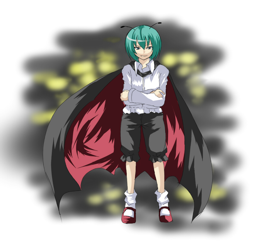 reon (pixiv), reon (saikyou), wriggle nightbug, touhou, 1girl, antennae, cape, female focus, solo, white background