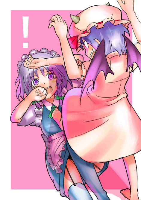 orga (pixiv), organ derwald, izayoi sakuya, remilia scarlet, touhou, silver hair, bad id, bad pixiv id, !, 2girls, apron, barefoot, bat wings, blue hair, braid, feet, female focus, gao, garter straps, hat, horns, lingerie, looking at another, maid, maid apron, maid headdress, multiple girls, purple eyes, purple hair, ribbon, scared, short hair, stomp on, stomping, tears, thighhighs, twin braids, underwear, wings, you gonna get raped, yuri