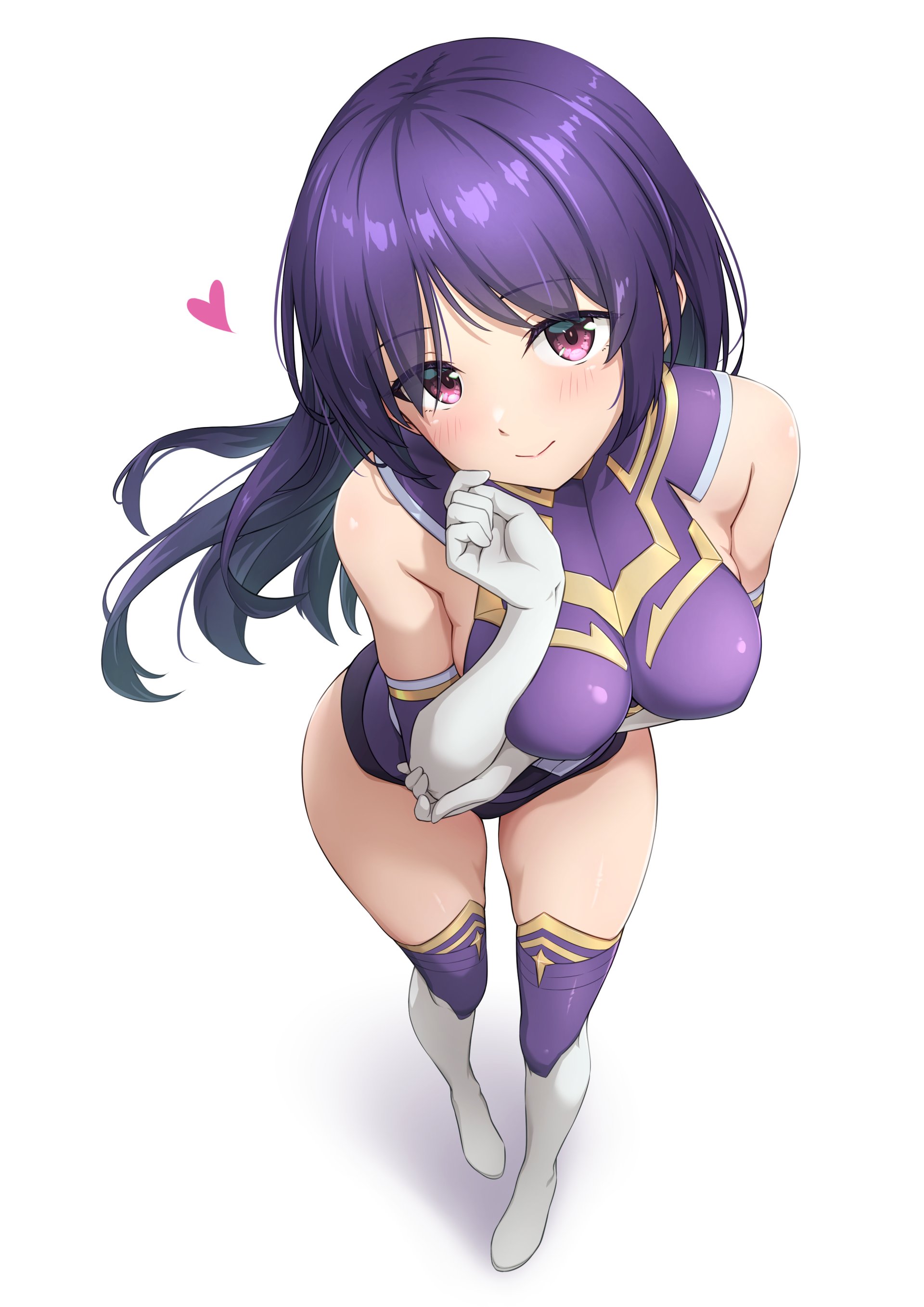 hutokumi, aruga nana, alice gear aegis, absurdres, highres, 1girl, boots, breasts, elbow gloves, gloves, heart, leotard, long hair, looking at viewer, medium breasts, purple eyes, purple hair, purple leotard, smile, solo, thigh boots, thighhighs, white background