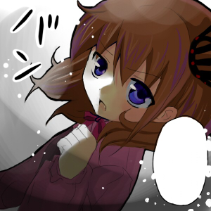 ushiromiya maria, umineko no naku koro ni, lowres, 00s, 1girl, blue eyes, crown, female focus, orange hair, short hair, solo, speech bubble