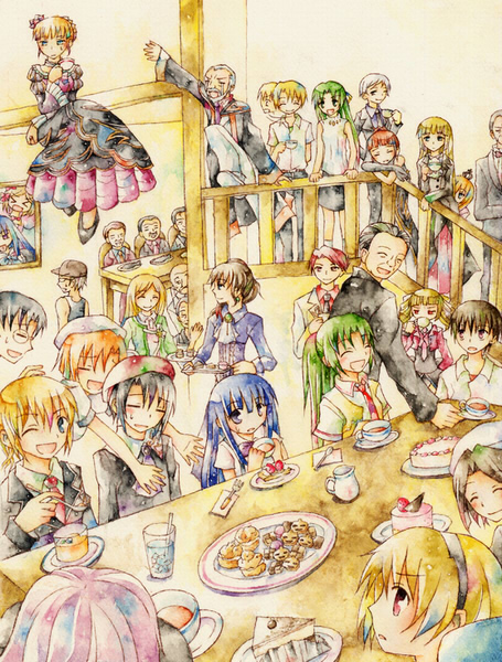 beatrice (umineko), beelzebub (umineko), frederica bernkastel, furude rika, gouda toshirou, hanyuu, houjou satoko, houjou satoshi, kanon (umineko), lambdadelta, maebara keiichi, nanjou terumasa, ryuuguu rena, satan (umineko), shannon (umineko), sonozaki mion, sonozaki shion, stakes of purgatory, takano miyo, tomitake jirou, ushiromiya battler, ushiromiya eva, ushiromiya george, ushiromiya jessica, ushiromiya kinzou, ushiromiya kyrie, ushiromiya maria, ushiromiya rosa, 07th expansion, higurashi no naku koro ni, no naku koro ni (series), umineko no naku koro ni, bad id, bad pixiv id, 00s, 6+boys, 6+girls, black hair, blonde hair, blue eyes, blue hair, brown hair, cake, everyone, food, green hair, in-franchise crossover, multiple boys, multiple girls, orange hair, pastry, purple hair, red eyes, red hair, ribbon, siblings, sisters, smile, take it home, tea, twins, white hair