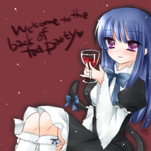 frederica bernkastel, umineko no naku koro ni, lowres, 00s, blue hair, cat tail, english text, solo, tail