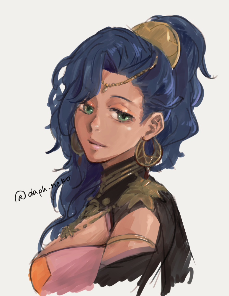 daph neko, leda (fire emblem), fire emblem, fire emblem: fortune's weave, nintendo, 1girl, blue eyes, blue hair, breasts, circlet, cloak, closed mouth, dark-skinned female, dark skin, earrings, gold choker, gold earrings, green eyes, high ponytail, hoop earrings, jewelry, large breasts, looking at viewer, ponytail, simple background, solo, upper body