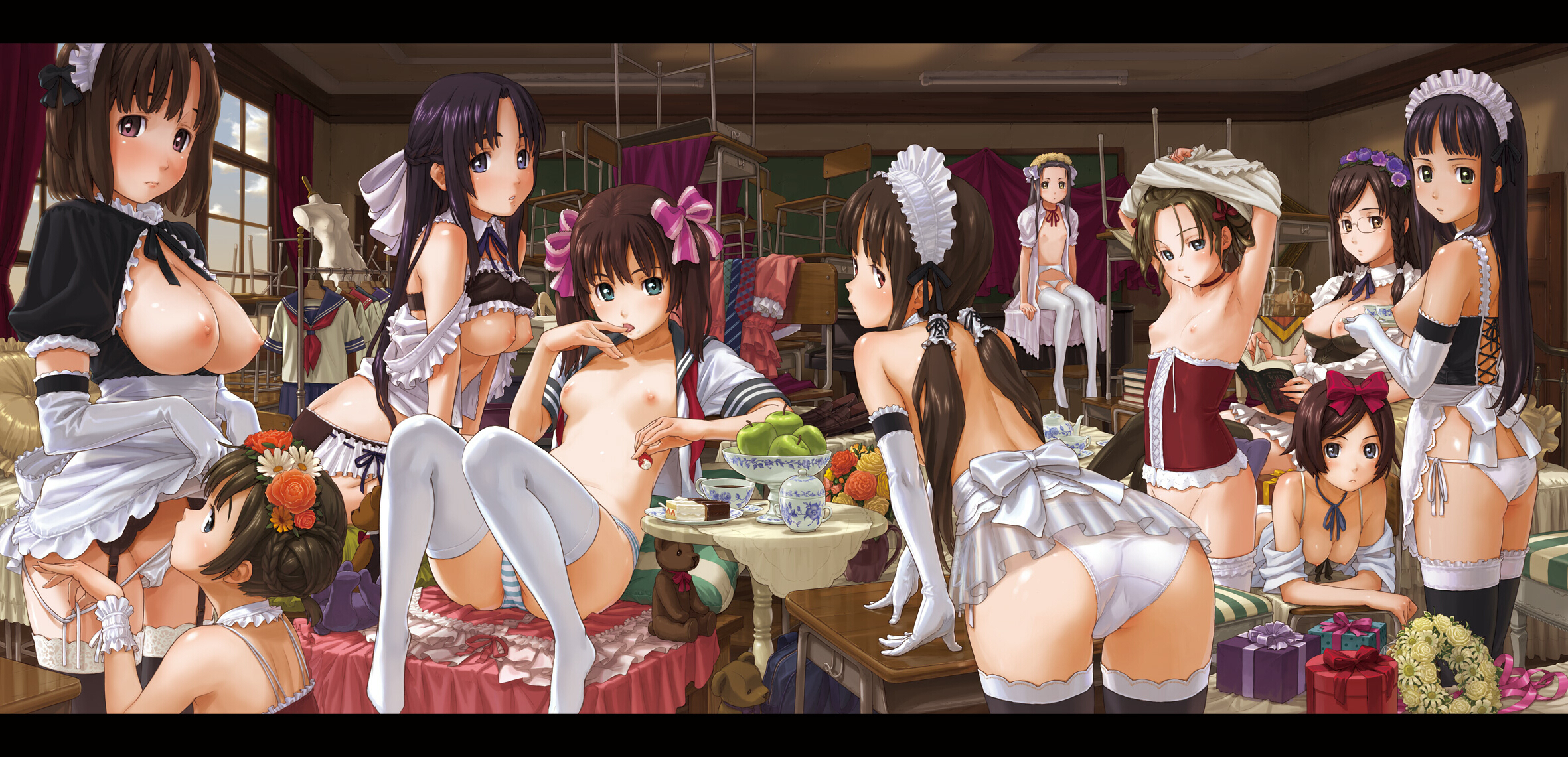 naruko hanaharu, shoujo material, lace-trimmed legwear, highres, 6+girls, age difference, apple, armpits, ass, bent over, black hair, black thighhighs, blonde hair, blue panties, blush, book, bra, bra lift, braid, breastless clothes, breasts, brown hair, cake, chair, clothes lift, corset, cup, curtains, elbow gloves, feet, flat chest, flower, food, frills, fruit, garter belt, gift, glasses, gloves, green eyes, hair flower, hair ornament, john grisham, lace, lace trim, large breasts, letterboxed, lifting own clothes, lingerie, loli, long hair, maid, medium breasts, mole, multiple girls, necktie, nipples, no shoes, onee-loli, open clothes, open shirt, panties, pastry, petite, pitcher (container), plate, purple hair, ribbon, school uniform, serafuku, shirt, shoes, short hair, side-tie panties, skirt, skirt lift, small breasts, sponge cake, strawberry, strawberry shortcake, striped clothes, striped panties, stuffed animal, stuffed toy, tea, teacup, teddy bear, thighhighs, twin braids, twintails, underwear, undressing, unworn shoes, white gloves, white panties, white thighhighs, window, wreath, yellow eyes, yuri