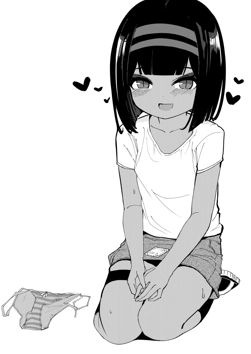 surio, astarte (surio), original, commentary request, highres, 1girl, bare legs, blunt bangs, blush, collarbone, dark-skinned female, dark skin, flat chest, full body, greyscale, hairband, heart, looking at viewer, miniskirt, monochrome, open mouth, panties, shirt, shoes, short hair, short sleeves, simple background, sitting, skirt, solo, underwear, unworn panties, white background, white shirt