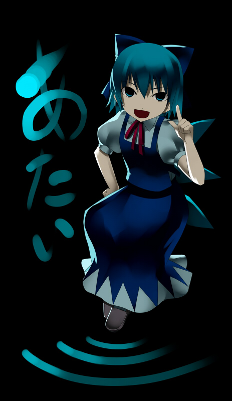 kureha (ironika), cirno, kureha, embodiment of scarlet devil, touhou, 1girl, black background, blue dress, blue eyes, blue hair, dress, female focus, looking at viewer, matching hair/eyes, puffy short sleeves, puffy sleeves, short hair, short sleeves, simple background, solo, text focus, wading, water