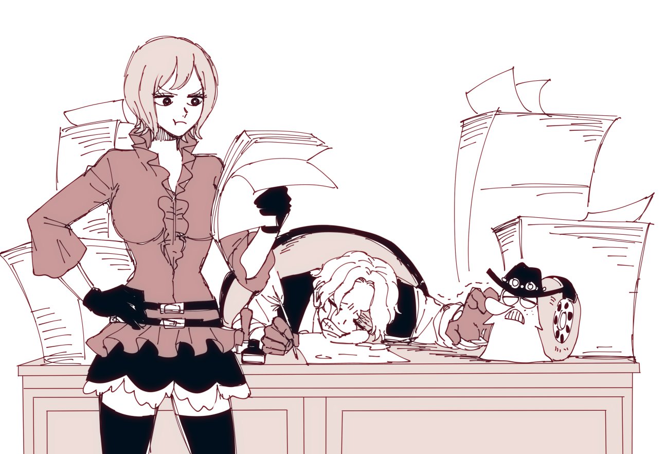 nrrn03, den den mushi, koala (one piece), sabo (one piece), one piece, commentary request, 1boy, 1girl, closed eyes, frilled shirt, frills, gloves, greyscale, holding, holding paper, holding quill, monochrome, paper, quill, scar, scar on face, shirt, short hair, skirt, squeans, thighhighs