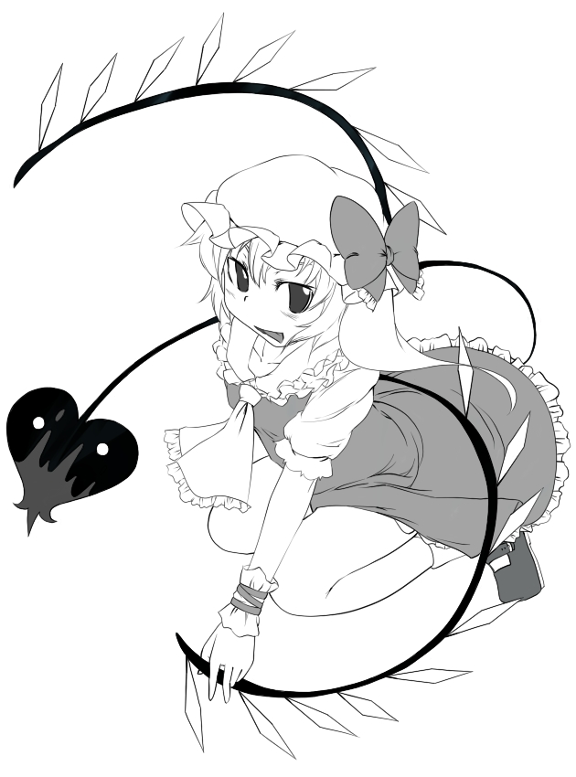 sacha, flandre scarlet, touhou, 1girl, :d, ascot, blush, crystal, demon wings, dress, female focus, full body, greyscale, hat, looking at viewer, mob cap, monochrome, open mouth, puffy short sleeves, puffy sleeves, short sleeves, side ponytail, simple background, smile, solo, white background, wings, wrist cuffs