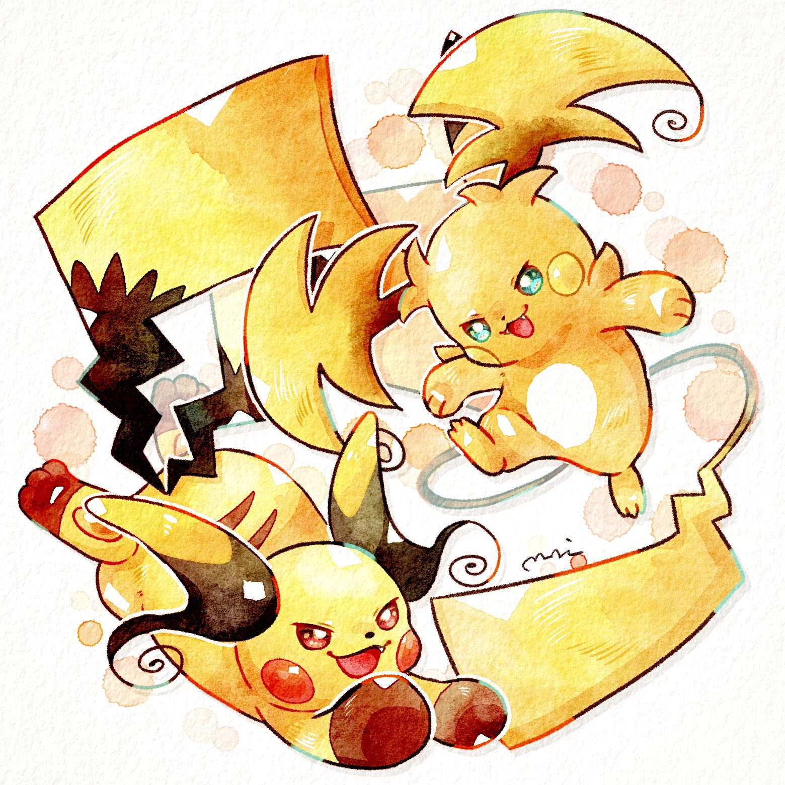miketoevecan, mega raichu x, mega raichu y, raichu, nintendo, pokemon, pokemon legends: z-a, highres, blue eyes, fang, fangs, full body, gen 1 pokemon, mega pokemon, multiple tails, no humans, open mouth, orange fur, pokemon (creature), pokemon focus, red eyes, smile, tail, very long ears, very long tail, yellow fur