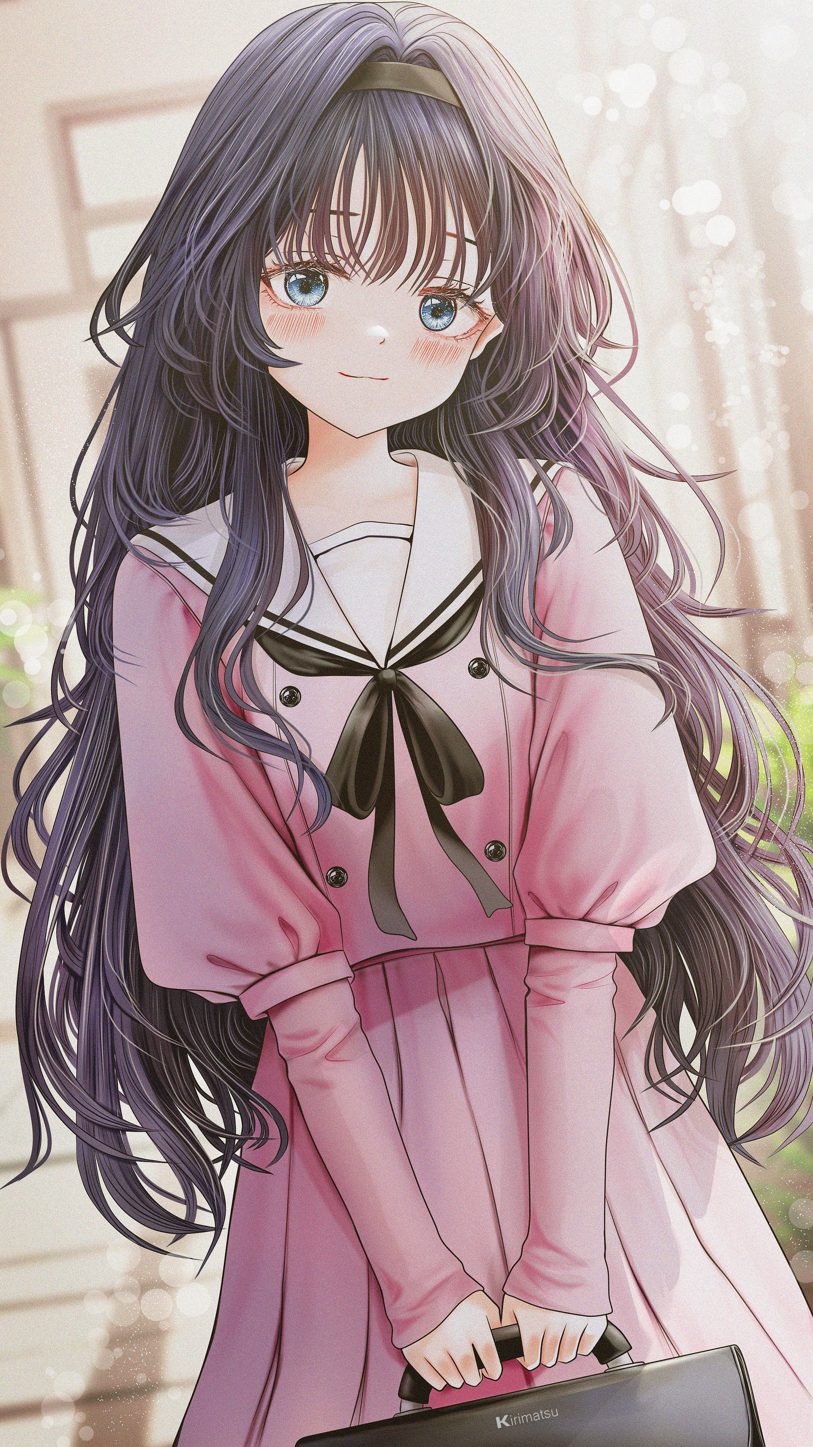 kirimatsu, waguri kaoruko, kaoru hana wa rin to saku, absurdres, commentary, highres, 1girl, artist name, black ribbon, blue eyes, blush, closed mouth, eyelashes, hair intakes, hairband, holding, long hair, long sleeves, neck ribbon, pink serafuku, pink shirt, pink skirt, purple hair, ribbon, sailor collar, school uniform, serafuku, shirt, skirt, smile, solo, white sailor collar