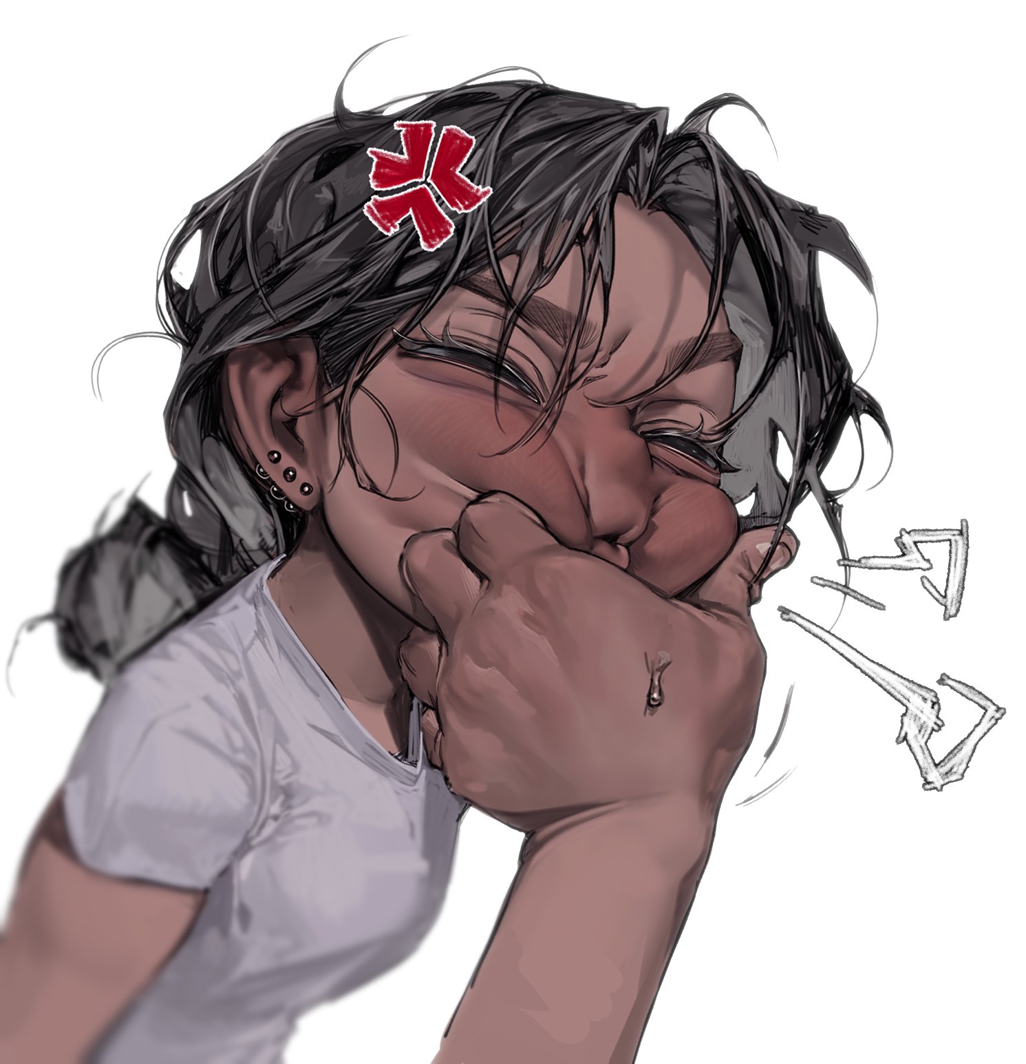 tto ja, original, highres, 1girl, anger vein, black hair, cheek squash, dark-skinned female, dark skin, ear piercing, eyelashes, piercing, shirt, solo focus, squinting, t-shirt, white background, white shirt