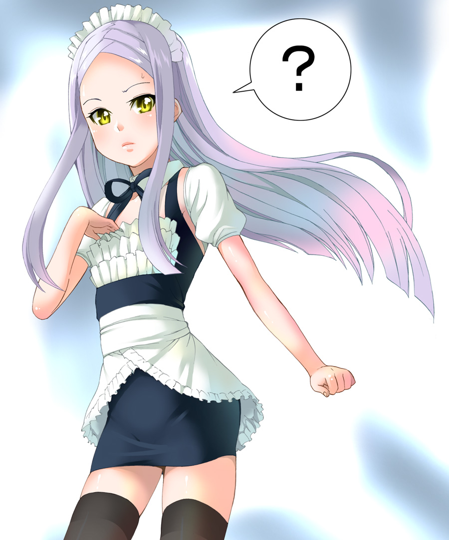 shin'ya (shin'yanchi), soma peries, gundam, gundam 00, 00s, 1girl, ?, blush, female focus, flat chest, hat, long hair, maid, maid headdress, purple hair, solo, speech bubble, spoken question mark, thighhighs, yellow eyes