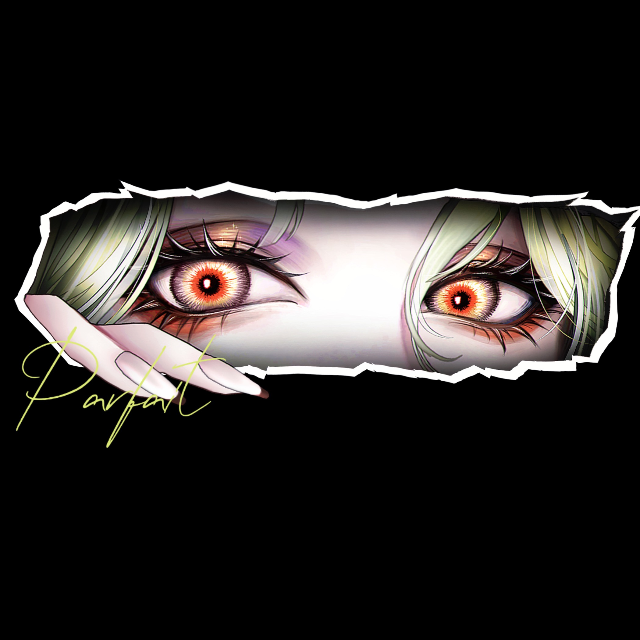 yu zhezhe, parfait (path to nowhere), path to nowhere, chinese commentary, commentary, highres, 1girl, black background, blonde hair, character name, eye focus, eyelashes, eyeliner, glitter makeup, hair between eyes, looking at viewer, makeup, red eyeliner, red eyes, simple background, solo